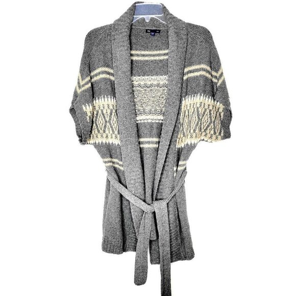 Preppy Half Sleeve Belted Open Cardigan Knit Sweater Top Gray Women Size S - Picture 3 of 11